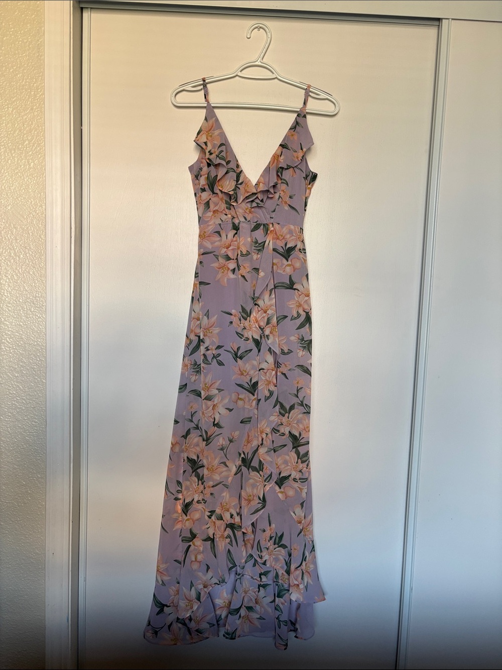 Miss Avenue Lavender Floral Ruffle V-Neck Maxi Dress
